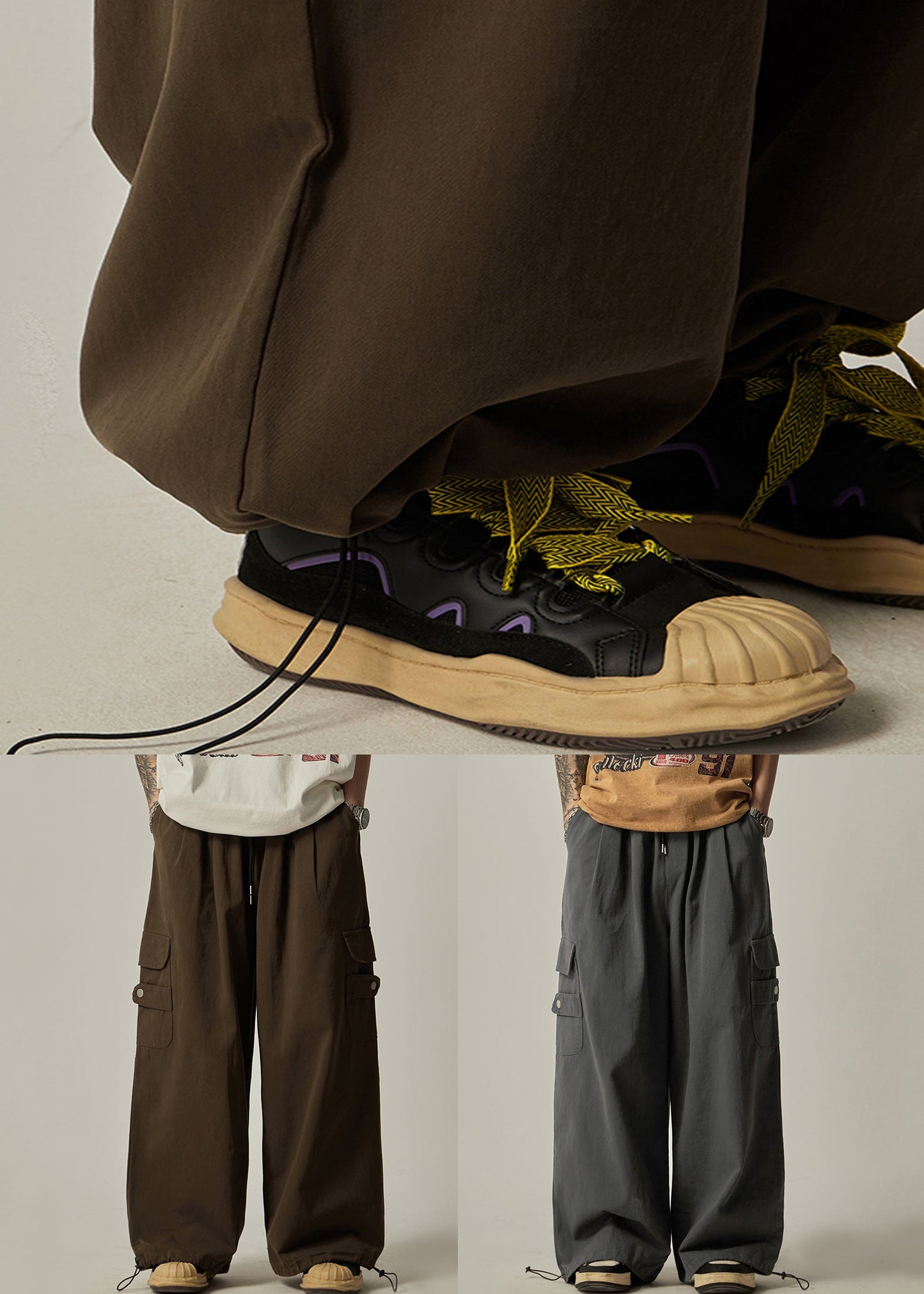 Pockets Vintage Drawstring Leg Mens Pants Cotton Wide Brown