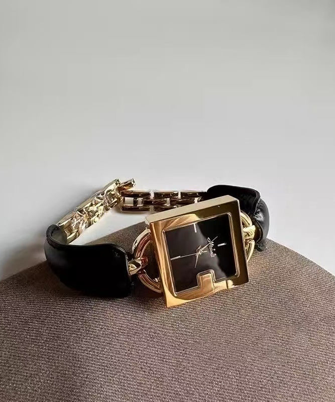 Quartz Square Gold Patchwork Brown Movement Chain Vintage Leather