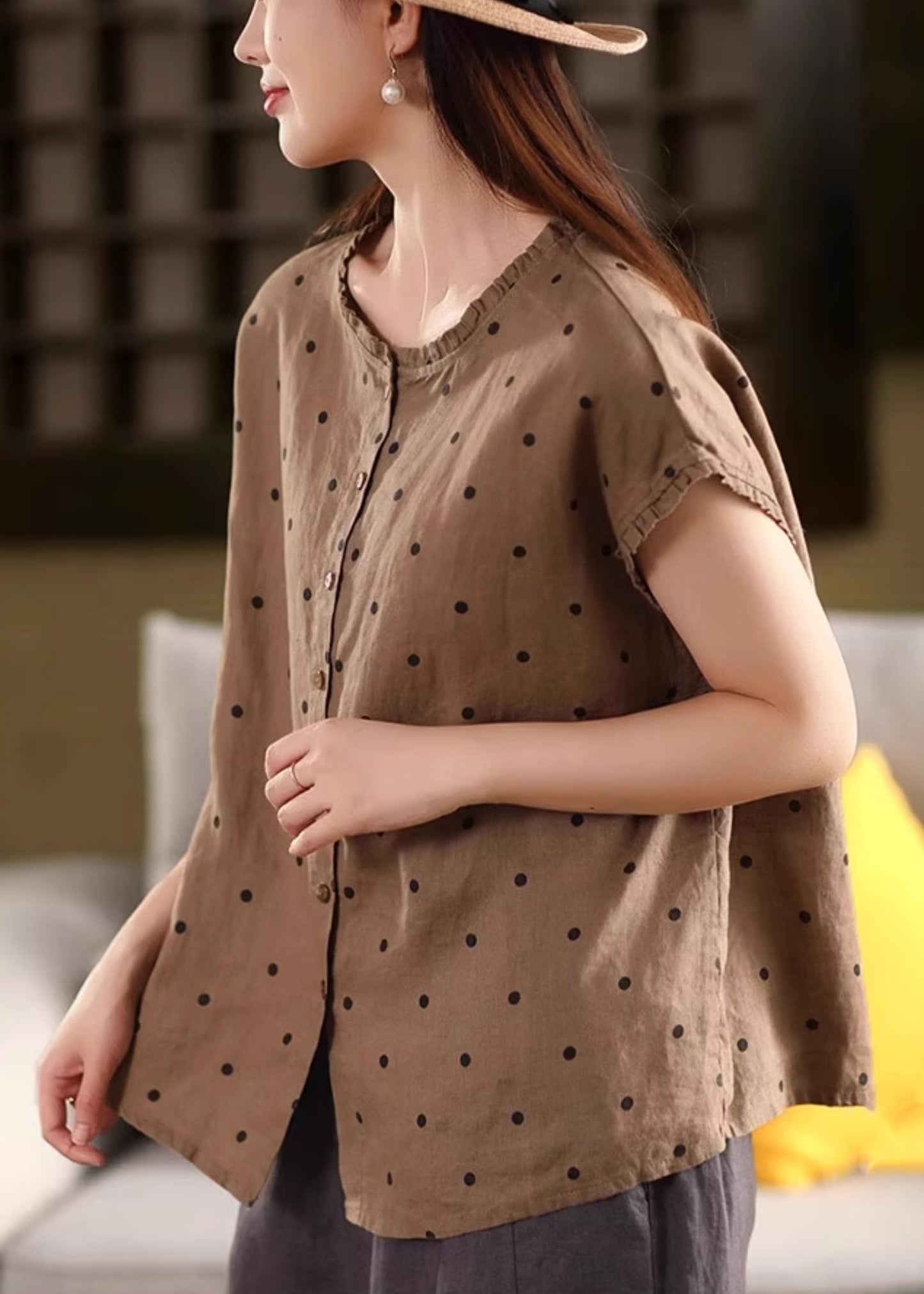 Linen Summer Coffee Vintage Shirt Ruffled Dot