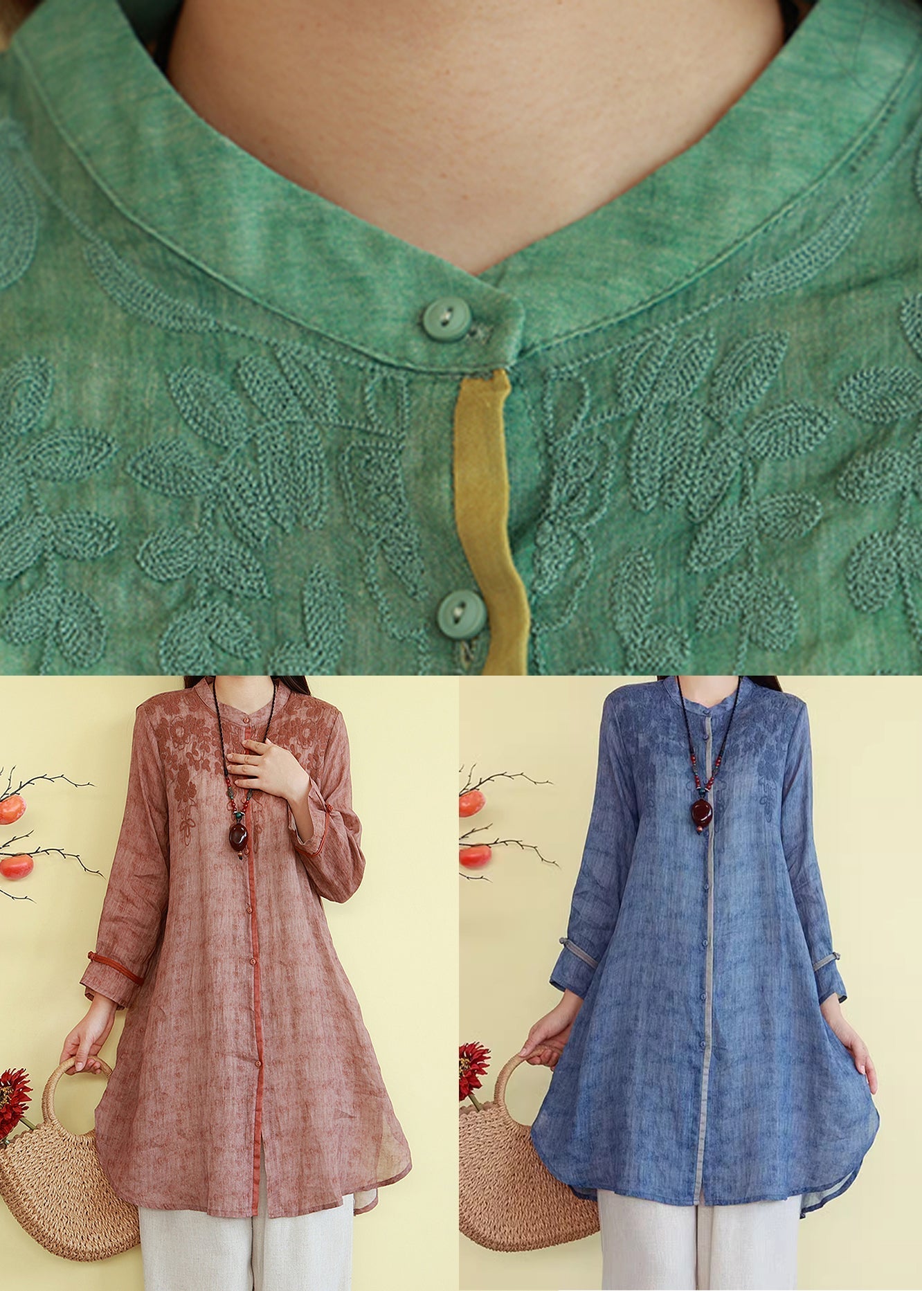 Vintage Linen Thin Button Blouses Patchwork Green