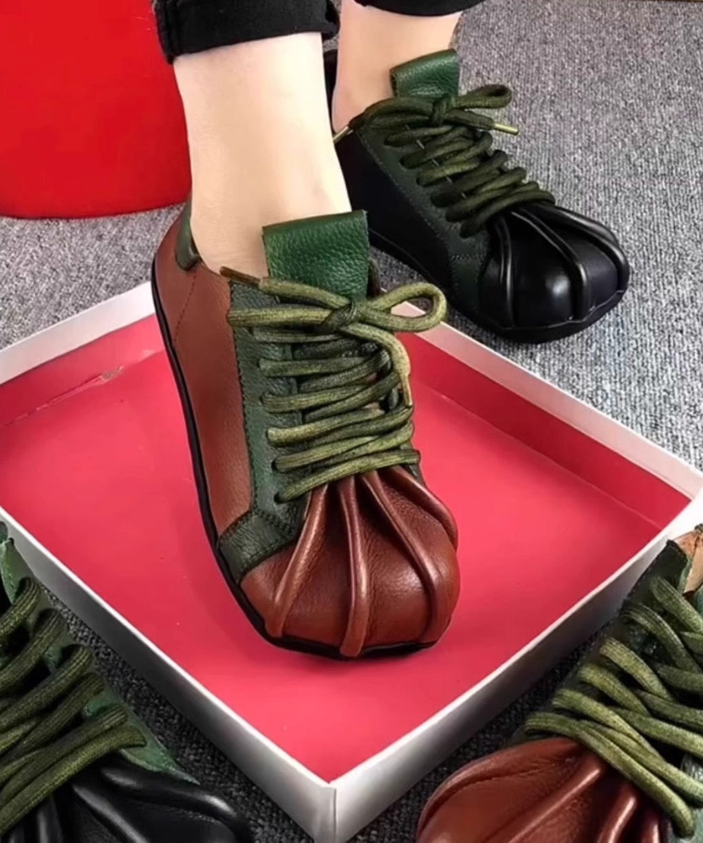 Up Cowhide Splicing Lace Flat Leather Green Shoes Vintage