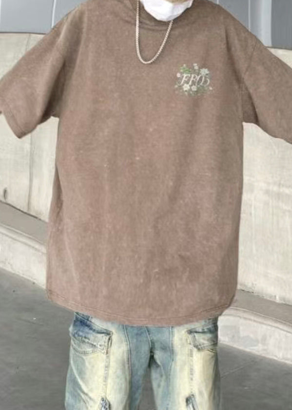 Print T Half Men Shirts Vintage Cotton Sleeve Khaki Cozy