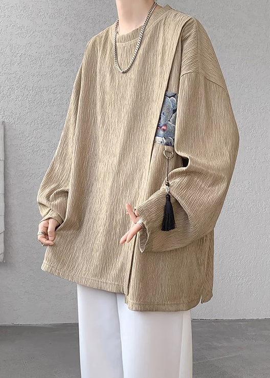 Vintage Khaki Tasseled Patchwork Cotton T Shirts Men Apparel Fall EQ018