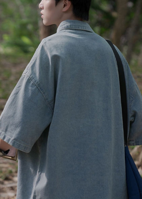 Button Vintage Denim Light Pockets Blue Pan Collar Shirts Peter