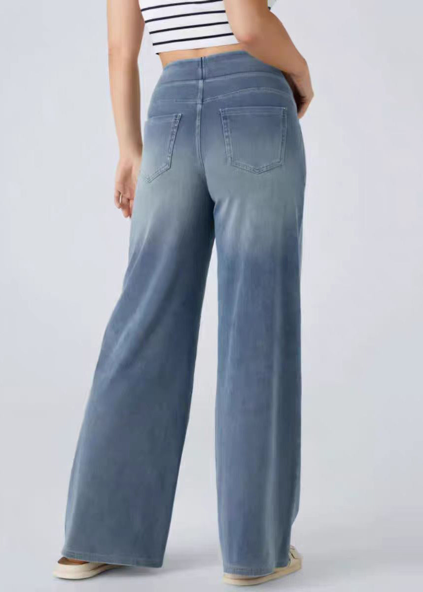 Leg Light Blue Wide Waist Denim Elastic Vintage Pockets Pants