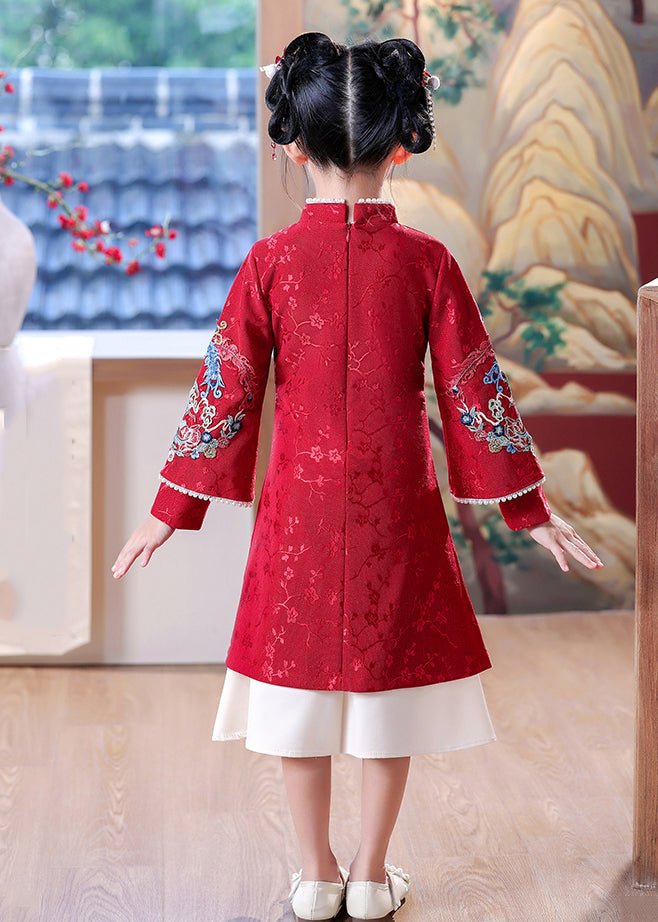 Dresses Girls Vintage Spring Maxi Collar Stand Mulberry Open Side