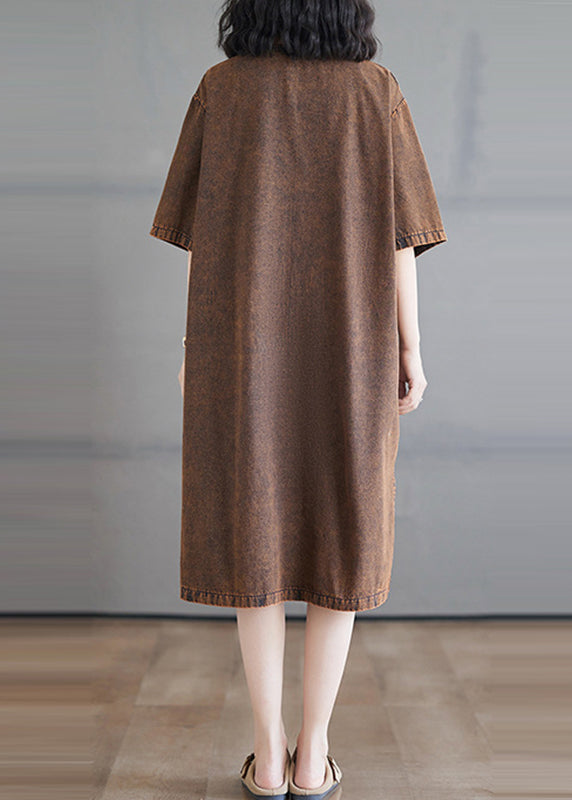 O-Neck Open Short Side Long Button Denim Dresses Vintage Sleeve