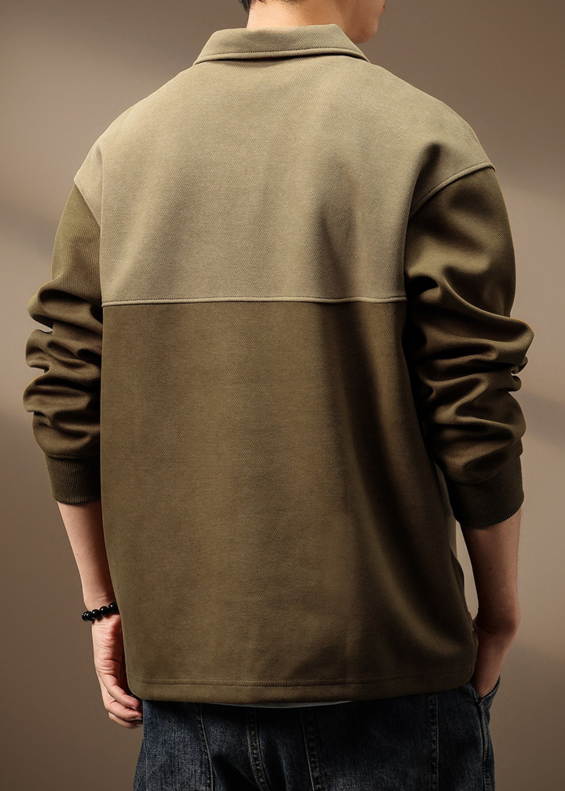 Vintage Olive Green Zip Up Pockets Patchwork Cotton Mens Sweatshirt Spring TC014