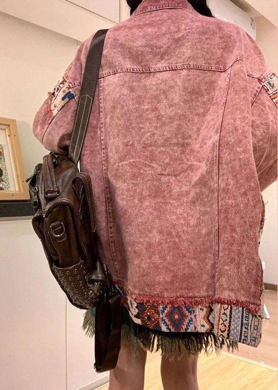 Patchwork Button Spring Peter Pink Coat Vintage Pan Collar Denim