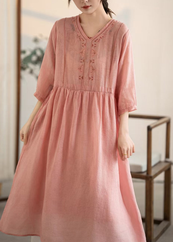 Pink Dresses V Patchwork Vintage Neck Linen Summer