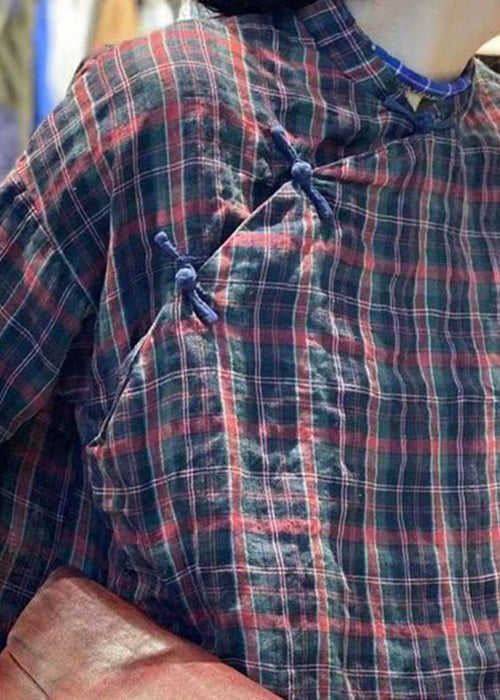 Vintage Plaid Button Cotton Blouses Stand Collar Bracelet Sleeve YH018