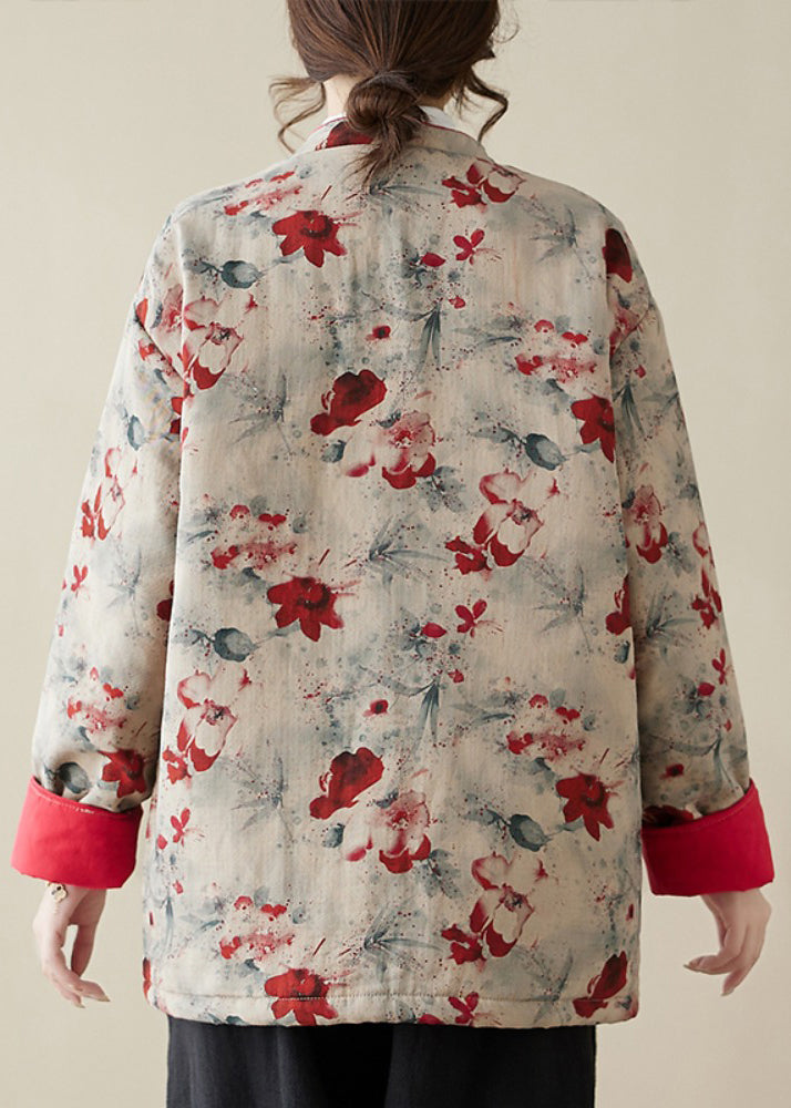 Vintage Print Button Pockets Thick Parka Stand Collar Winter QG020