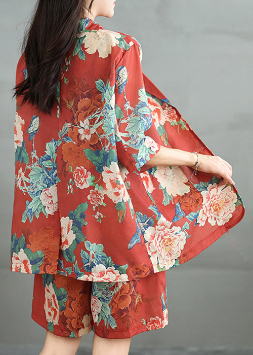 Sleeve Vintage Cotton Set Two Pockets Pieces Red Print Half