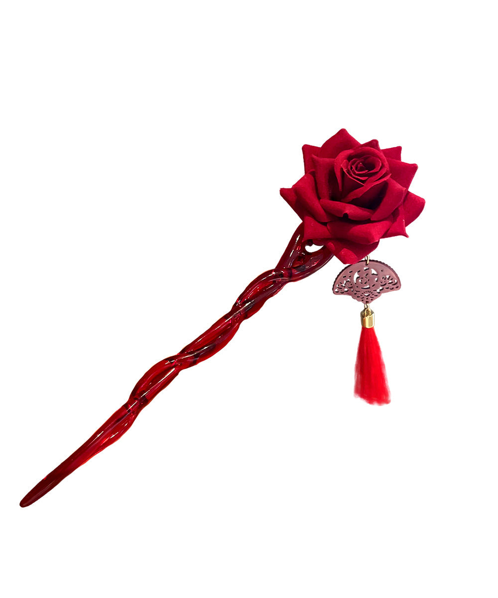 Glaze Red Rose Vintage Tassel Hairpin Coloured