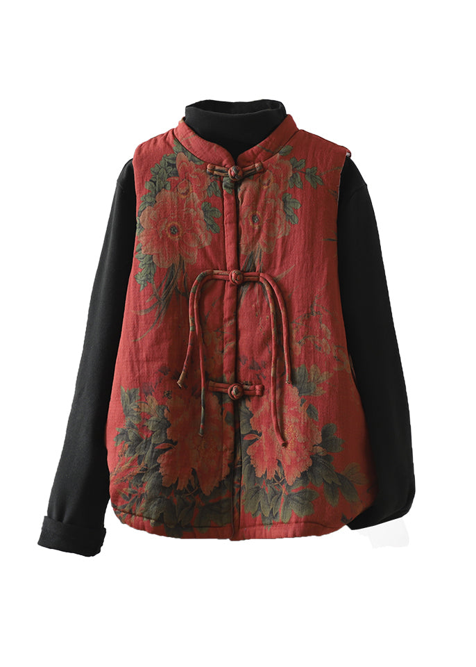 Vintage Red Tassel Print Patchwork Fine Cotton Filled Vest Winter RU045