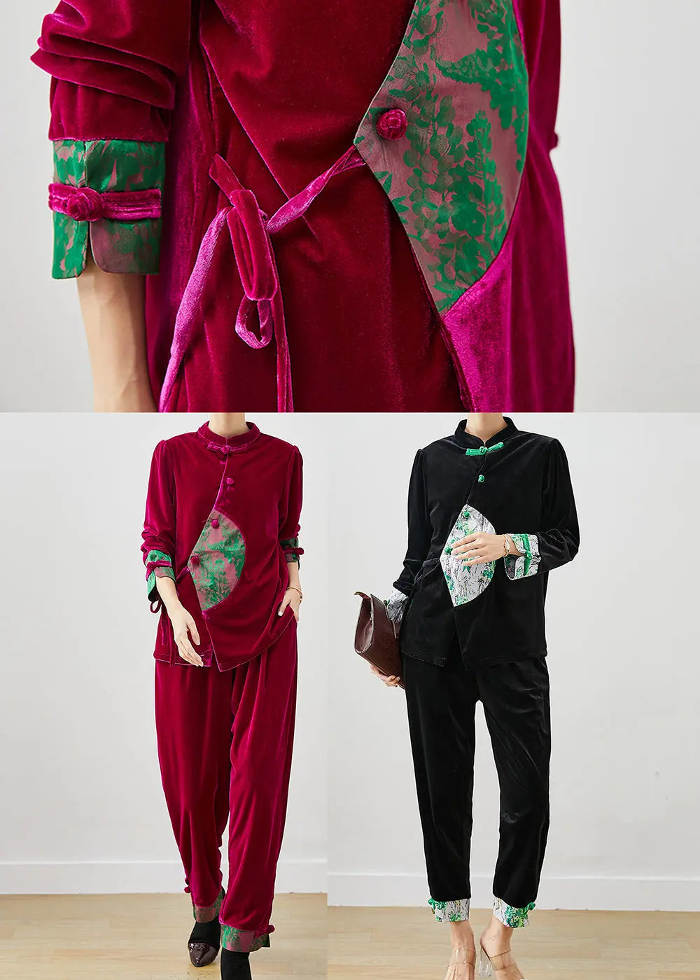 Vintage Rose Tie Waist Patchwork Silk Velour Two Pieces Set Spring Ada Fashion