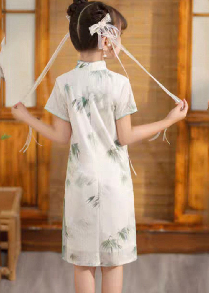 Sleeve Long Girls White Print Short Open Vintage Dress Side