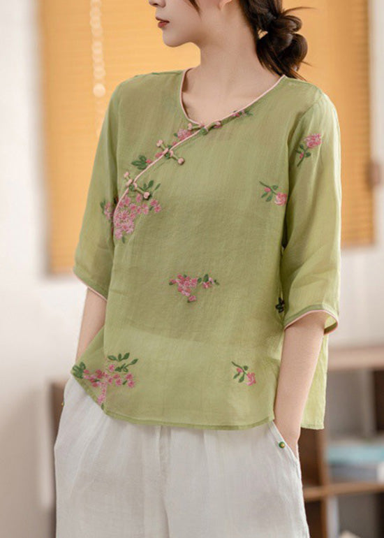 Linen Shirt Oriental O Summer Neck Vintage Yellow Button