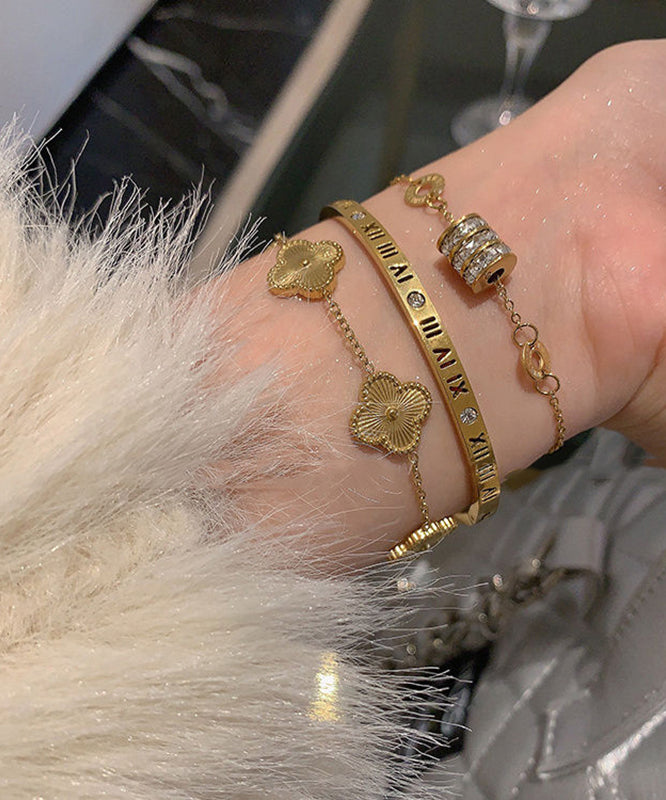 Gold Alloy Four Stainless Zircon Vogue Clover Leaf Steel Graphic