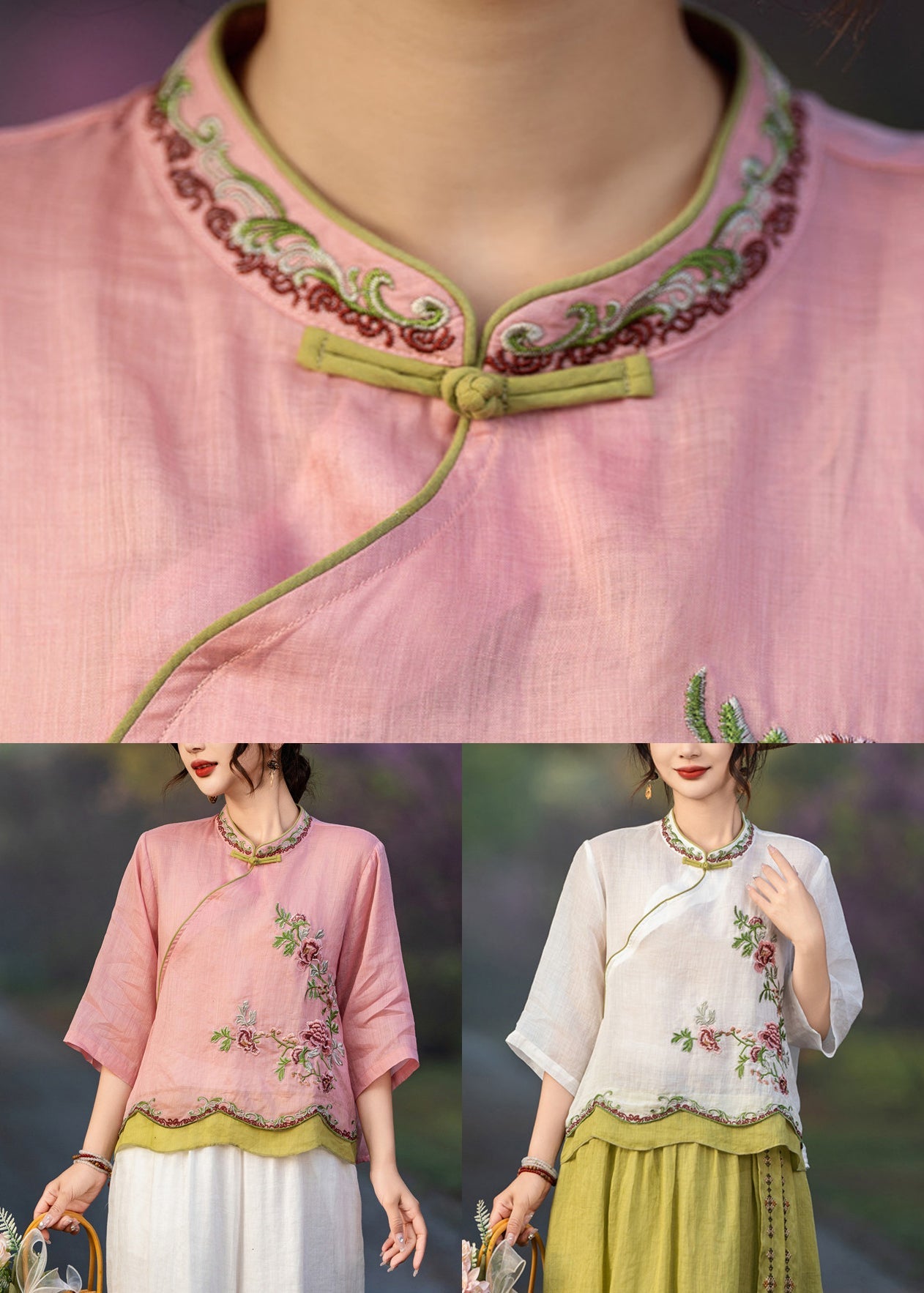 White Button Linen Summer Blouses Patchwork Embroidered