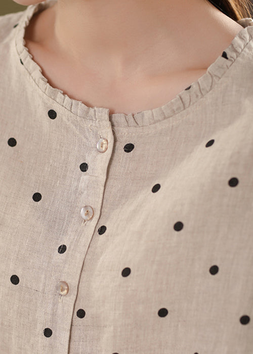 Button White Summer Linen Print Shirt Ruffled