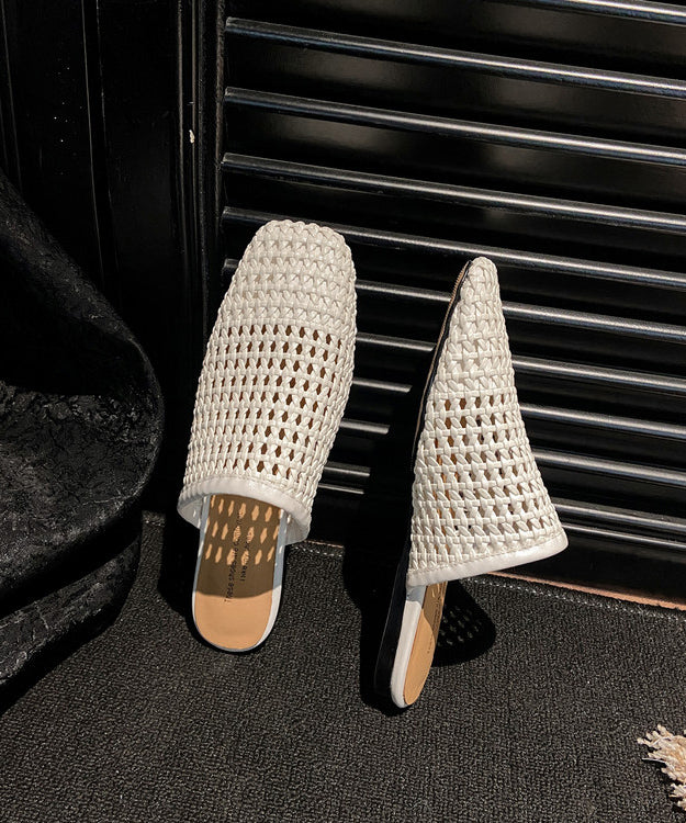 Hollow Slide Out Leather Sandals Faux Weave Boutique White