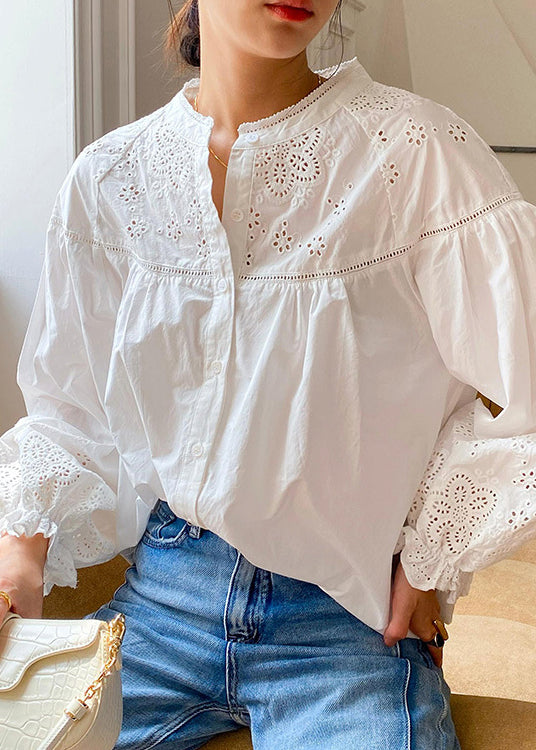 Butterfly Sleeve Blouse White Hollow Cotton Loose Out Embroidered