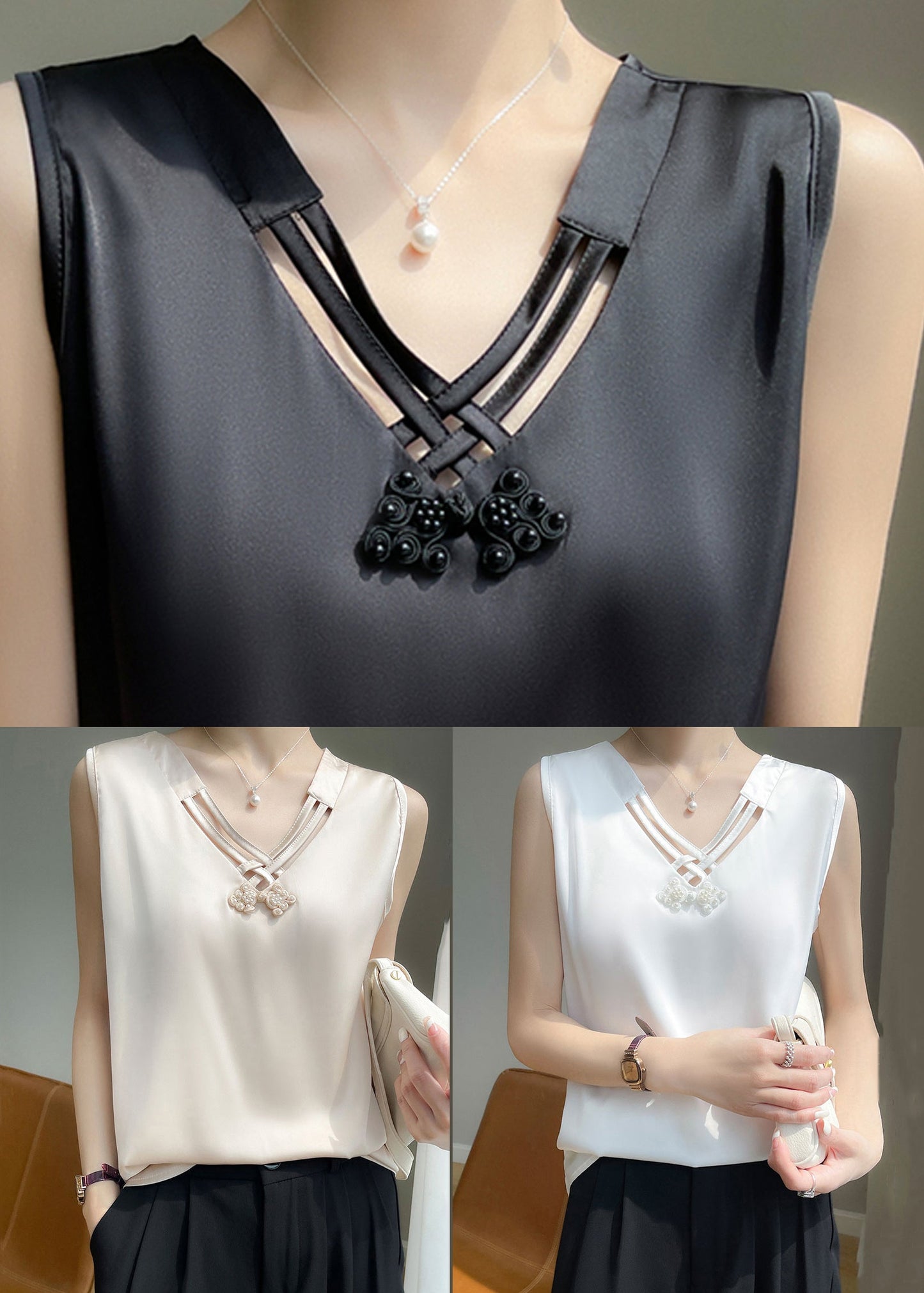 Solid Nail V Tank Silk White Sleeveless Neck Bead