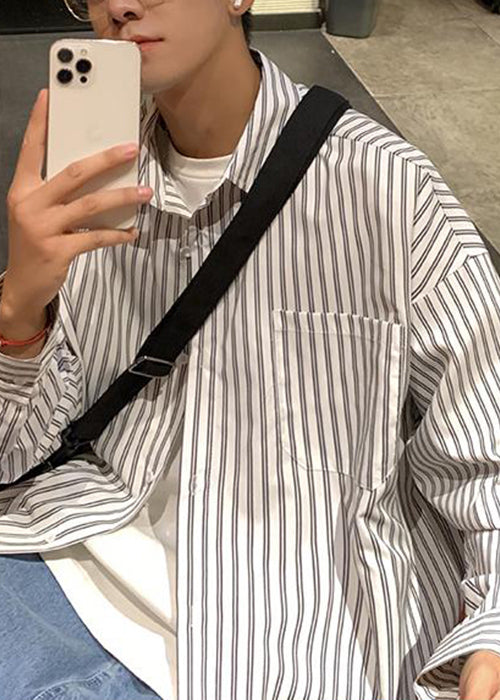 Pockets Collar Striped Mens Cotton White Shirt Pan Peter Spring