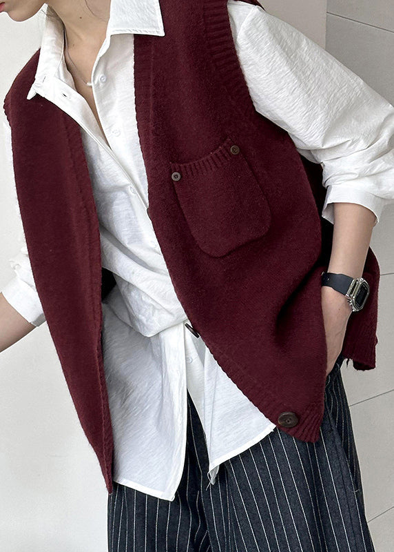 Gilet en tricot confortable avec poches rouge vin et col en V Automne AF1022