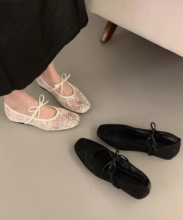 Mesh Bow Splicing Flats Breathable Embroidered Beige Women