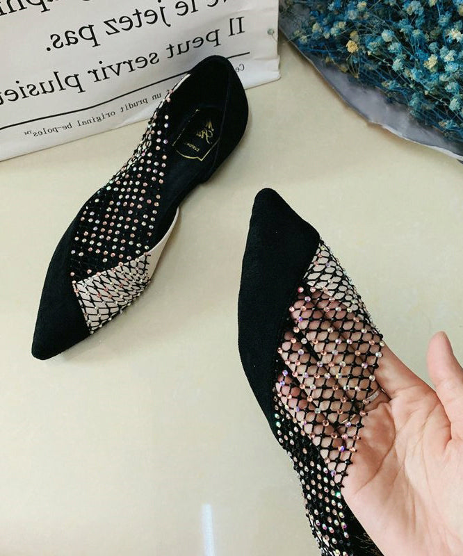 Chaussures plates noires à bout pointu en tulle et zircon pour femmes pour RT1005