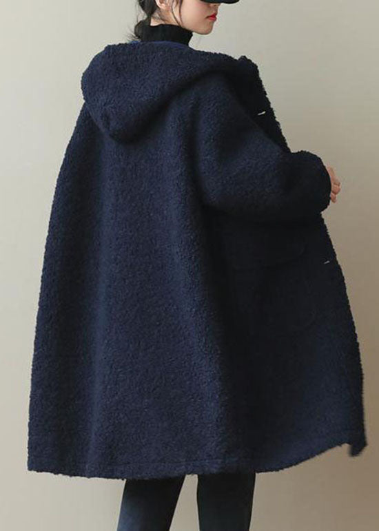 Women Blue Hooded Button Faux Fur Winter Coat QD009