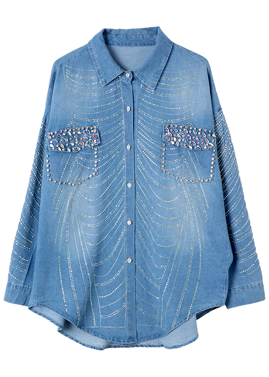 Spring Button Denim Women Zircon Nail Bead Blue Shirts