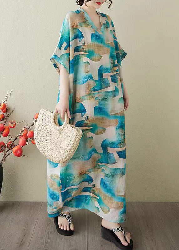 Print Women Summer Cotton Party Oversized Dress Blue