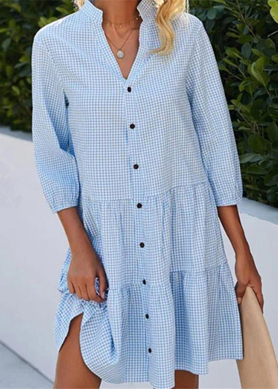 Mid Plaid Blue Button Shirts Stand Collar Fall Women Dress