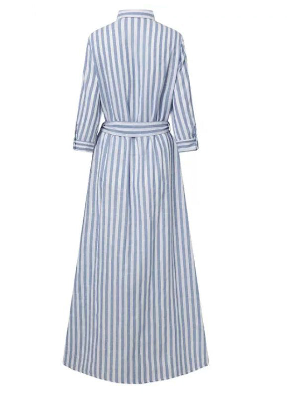 Striped Cotton Summer Women Tie Dress Blue Waist Shirt