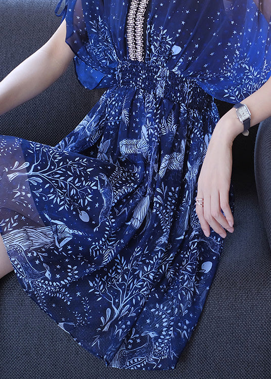 Neck Women Batwing Print Nail Bead V Dresses Blue Sleeve Chiffon