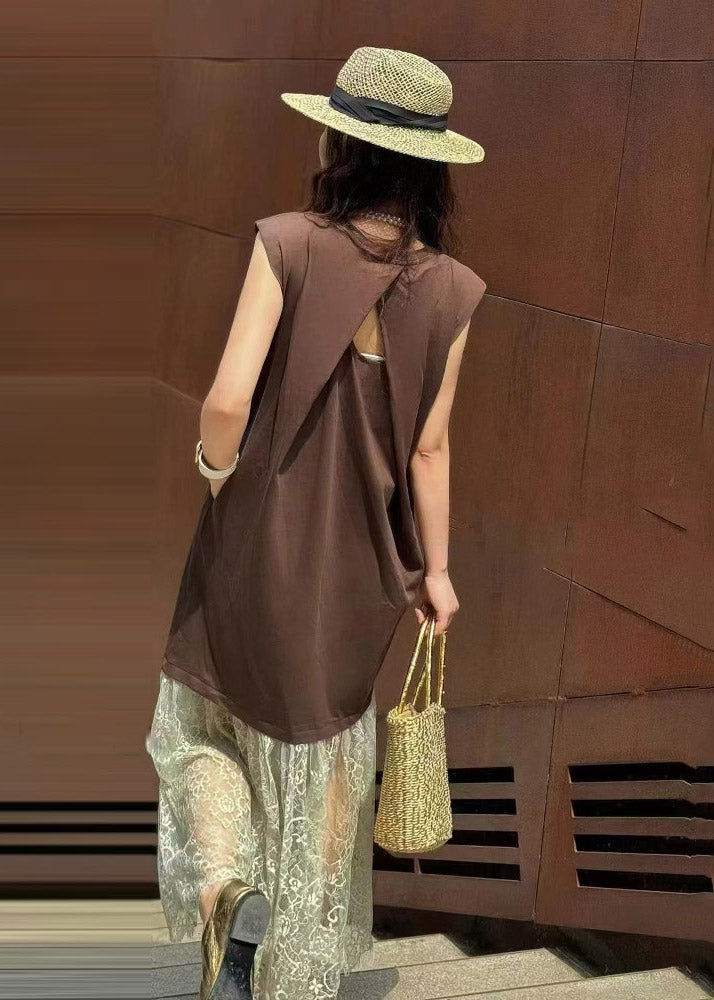 Straight Brown Dresses Patchwork Backless Lace Sleeveless Women