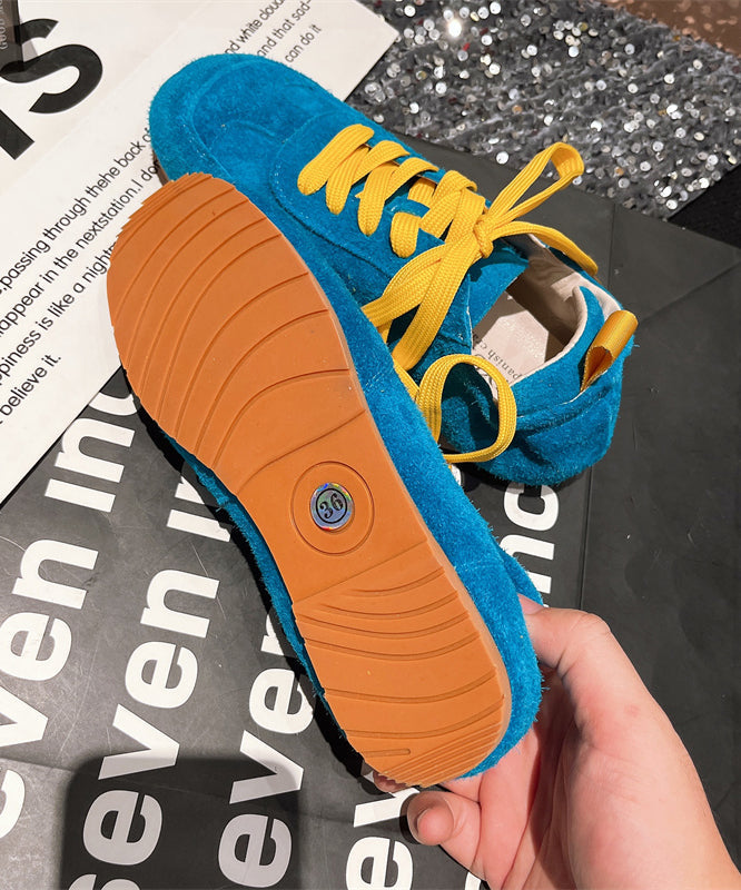 Women Casual Soft Comfy Blue Suede Flat Shoes Splicing Lace Up YC021