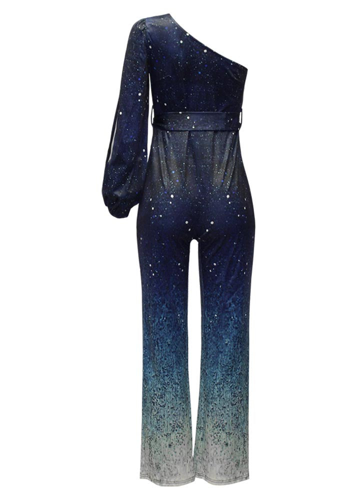 Design Gradient Blue Two One Women Sequins Shoulder Asymmetrical