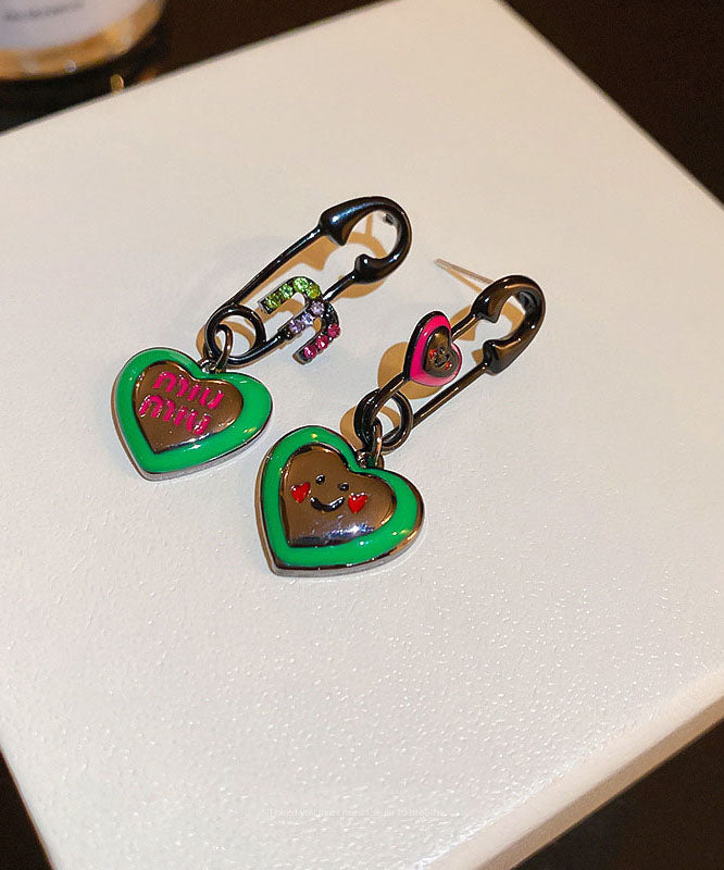 Alloy Drop Women Green Drip Graphic Zircon Love Glaze Earrings