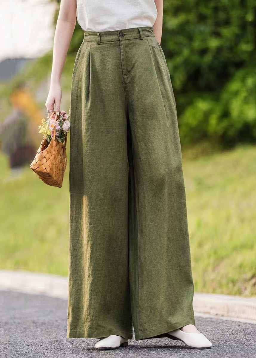 Women Summer Green Linen Pockets Straight Pants