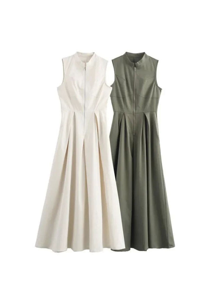 Dress Pleated Round Slim Maxi Green Collar Women Sleeveless