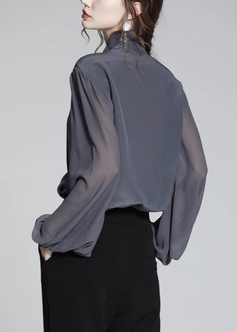 Shirts Women Ruffled Grey Chiffon Spring Patchwork Blue