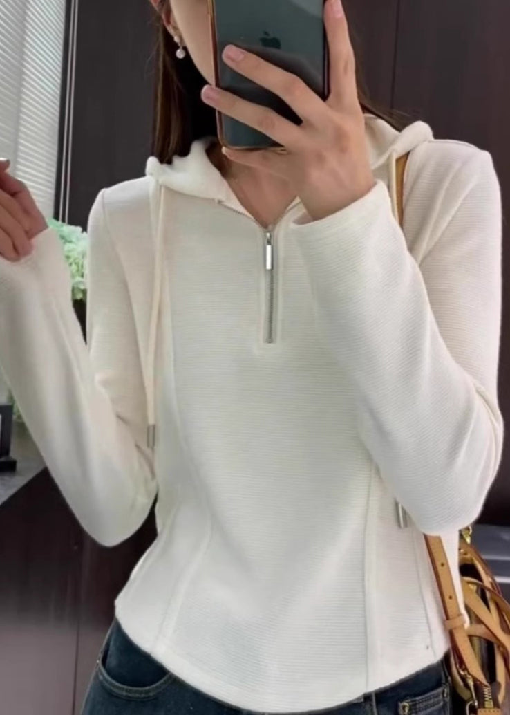 Hooded T Zippered Women Cotton Shirt Spring Grey