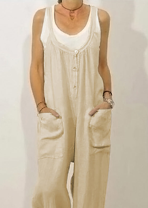 Solid Button Jumpsuits Sleeveless O-Neck Women Khaki