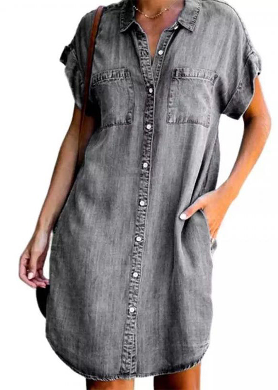 Dress Button Denim Light Collar Mid Women Blue Shirt Peter Pan