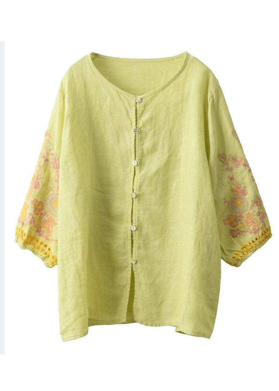 Linen Light Women Embroidered Bracelet Sleeve Green Shirts