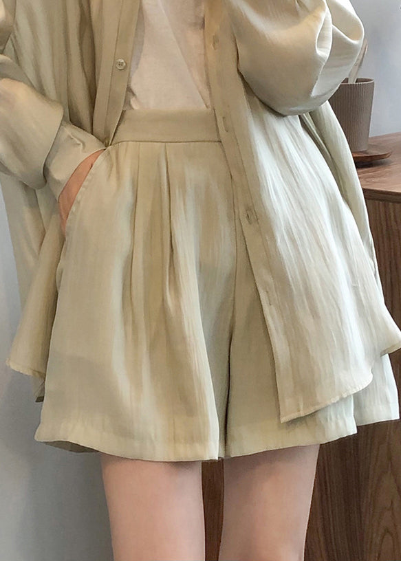 Women Light Green Lace Up Solid Silk Two Pieces Set Spring YH021